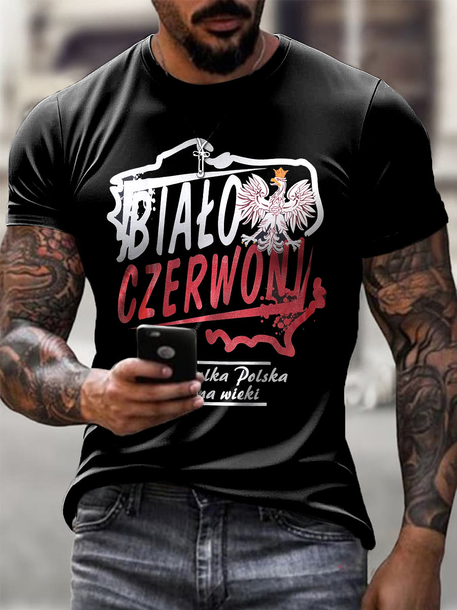 Męski Vintage Polski Orzeł Patriot Abstrakcyjny Art Print Casual T-Shirt