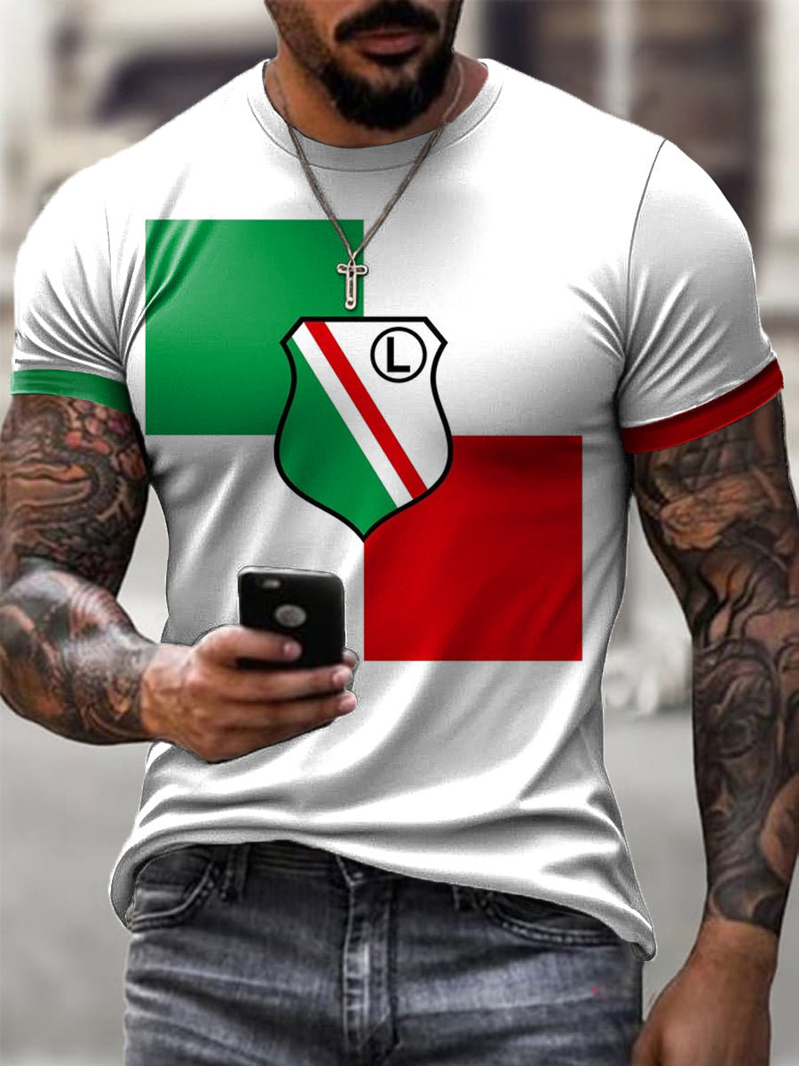 Męski Vintage Polski Warszawa Klub Piłkarski Druk Artystyczny T-shirt