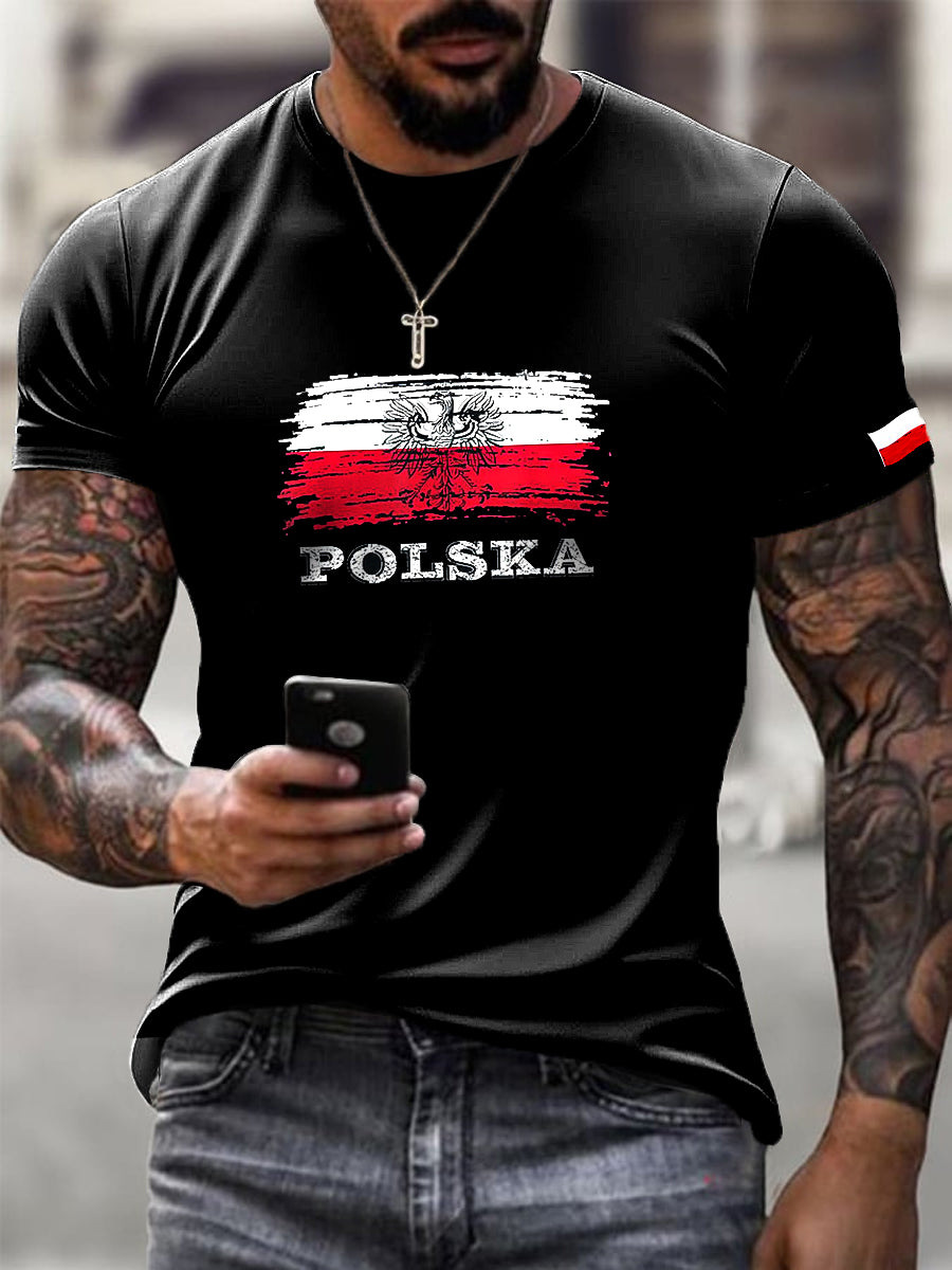 Męskie Retro Polska Flaga Art Design Wzór Nadruk Casual T-Shirt