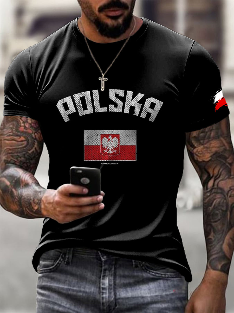 Męska koszulka z nadrukiem artystycznym w stylu retro z polską flagą