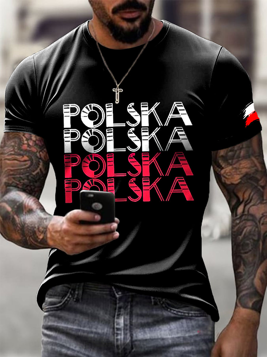 Męska koszulka z nadrukiem na co dzień z napisem z polską flagą