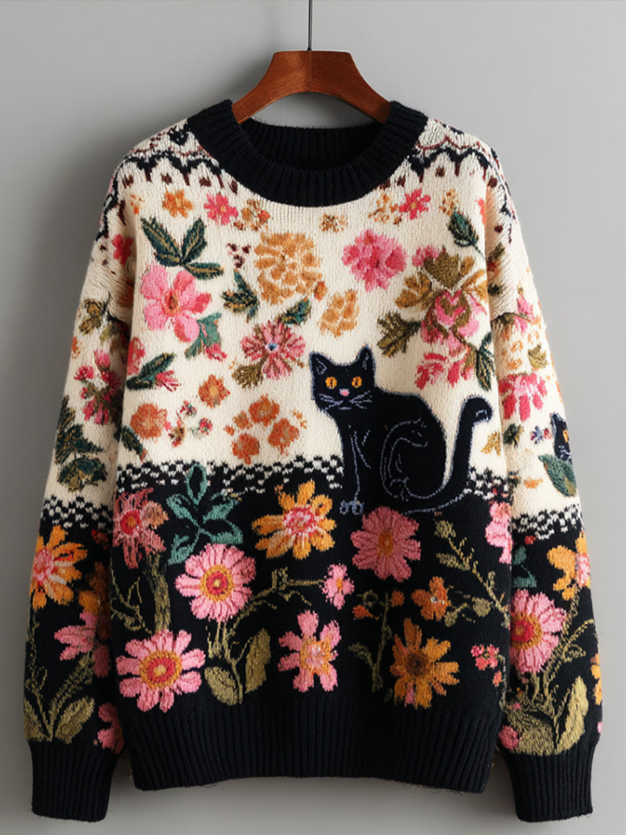 Damski sweter w kwiaty w stylu vintage Kitten Art Print