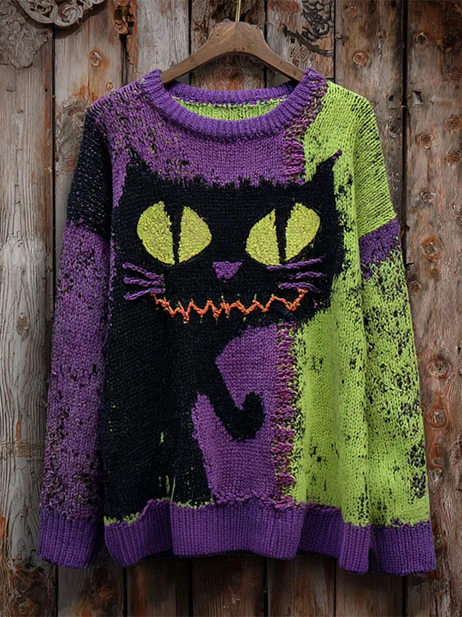 Damski sweter w stylu vintage Cat Art Print Casual