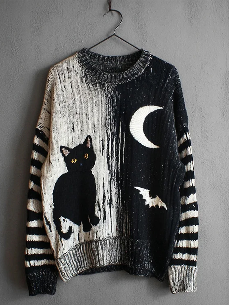 Damski sweter w stylu vintage Cat Art Print Casual
