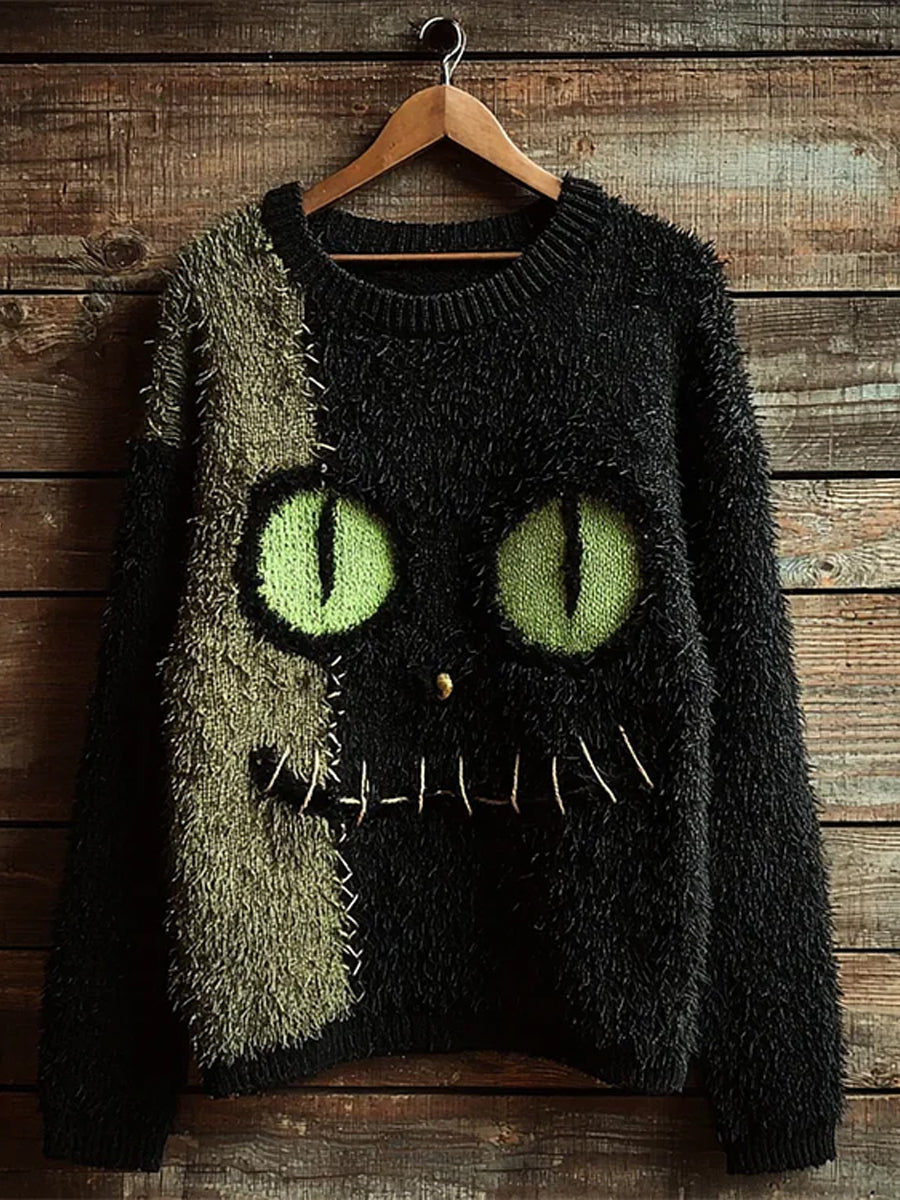 Damski sweter w stylu vintage Cat Art Print Casual