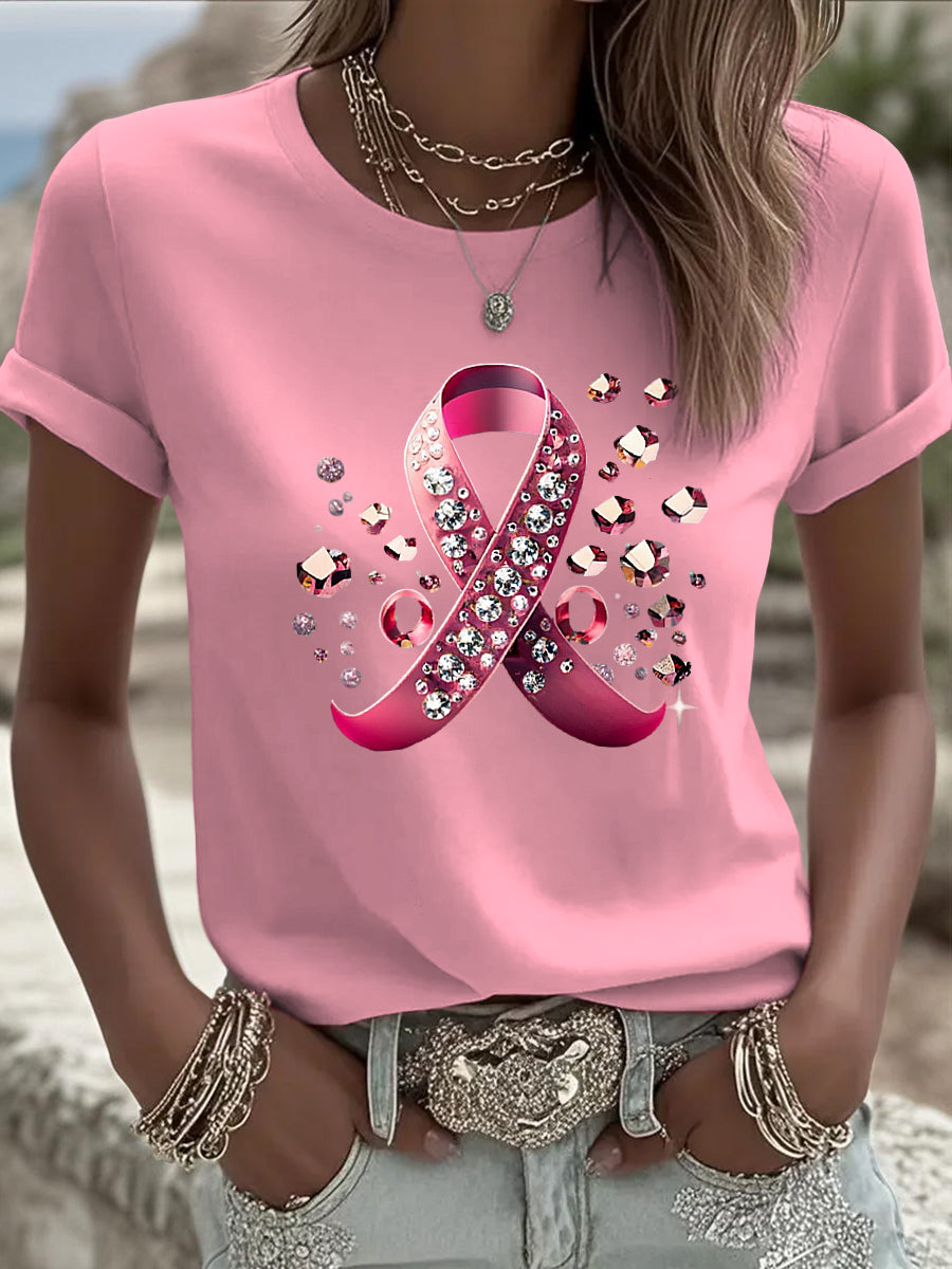 Damska wstążka raka piersi Rhinestone Print Casual T-Shirt