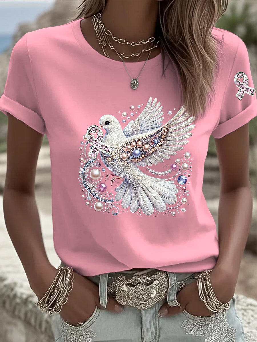 Damska wstążka gołębia Rhinestone Print Casual T-Shirt