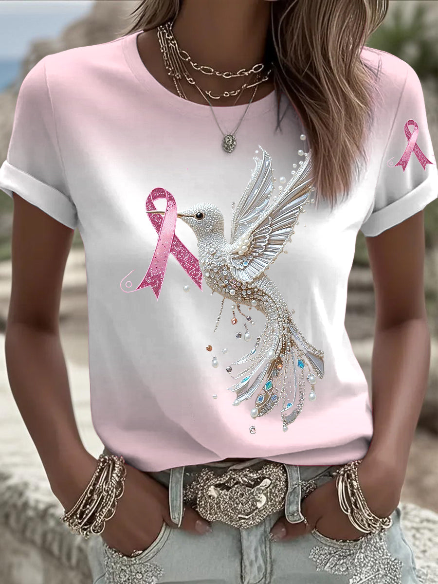 Damska wstążka Hummingbird Rhinestone Print Casual T-Shirt