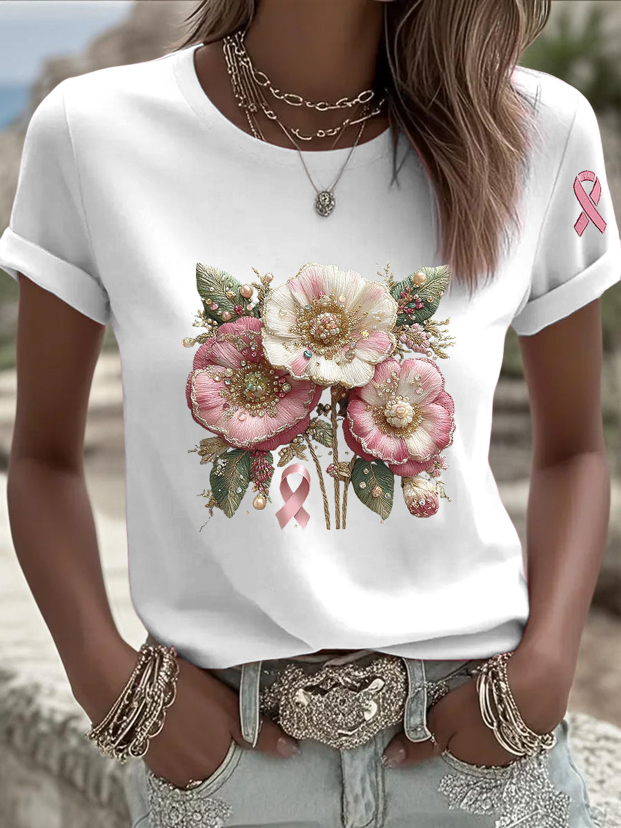 Damska różowa kwiecista wstążka Casual T-Shirt