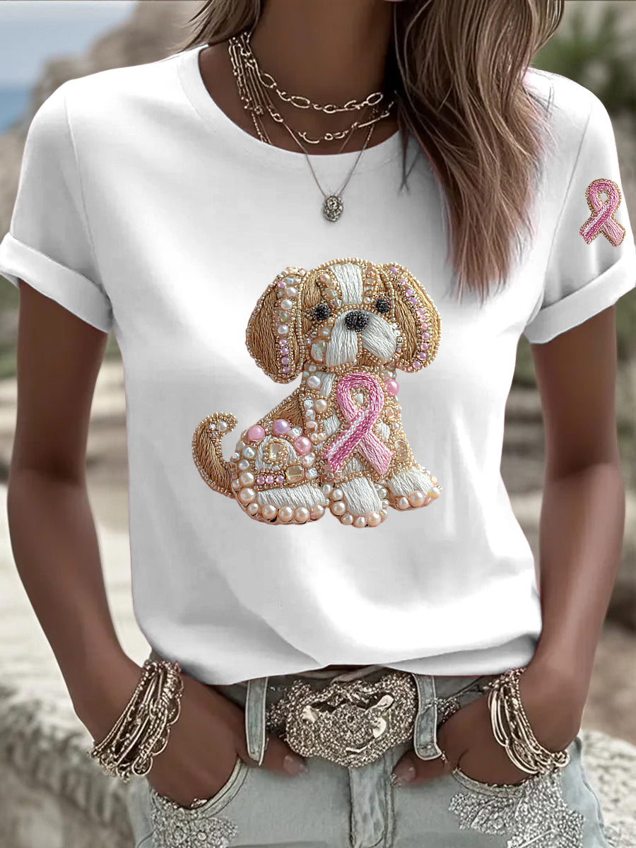 Damska szczeniaczka Rhinestone Print Casual T-Shirt