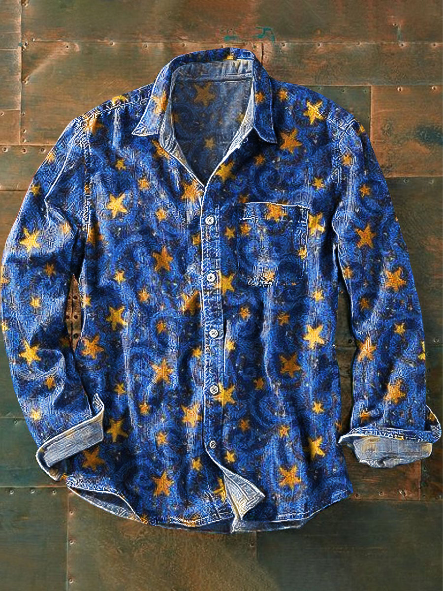 Unisex Vintage Sky Gold Stars Art Print Bawełniana koszula z długim rękawem