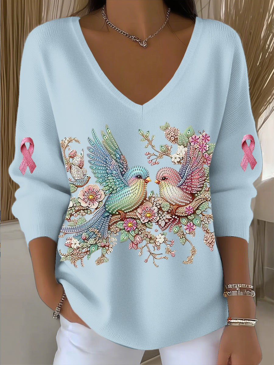 Damski romantyczny top z kolcowem Rhinestone Art V-Neck
