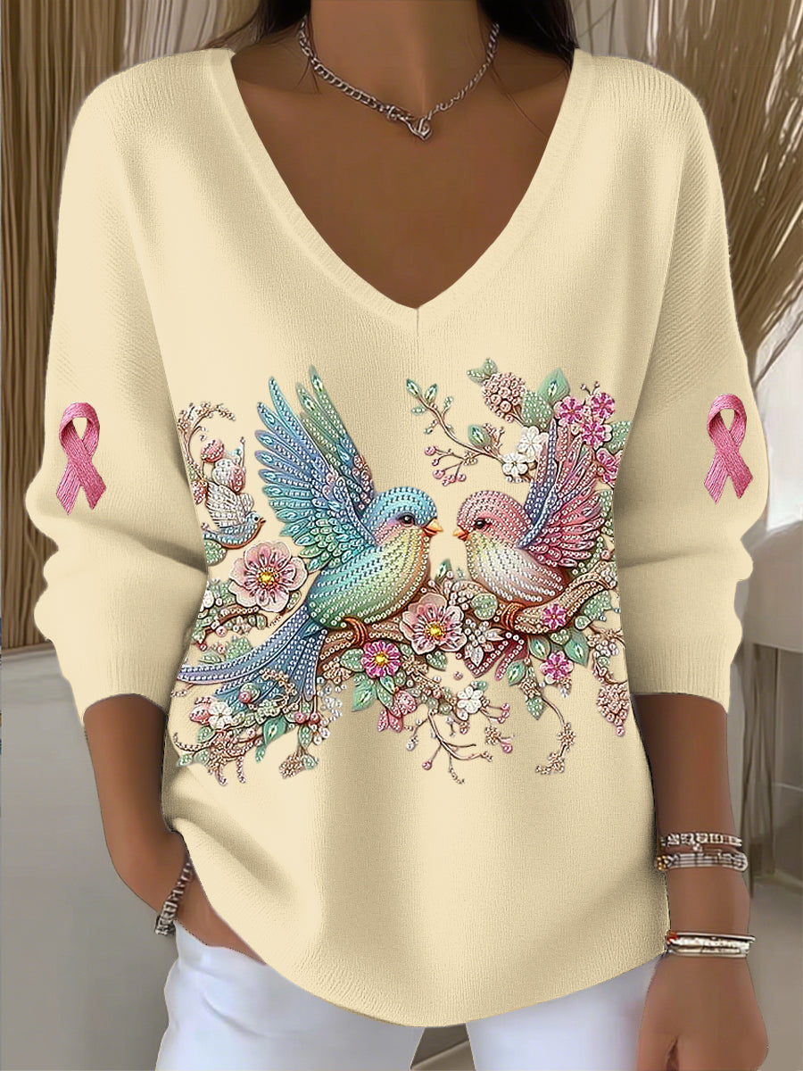 Damski romantyczny top z kolcowem Rhinestone Art V-Neck