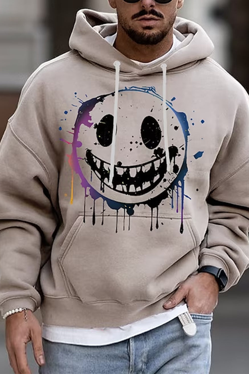 Męski Casual Okrągły Dekolt Kuso Smiley Twarz Nadruk Moda Luźna Bluza Z Kapturem