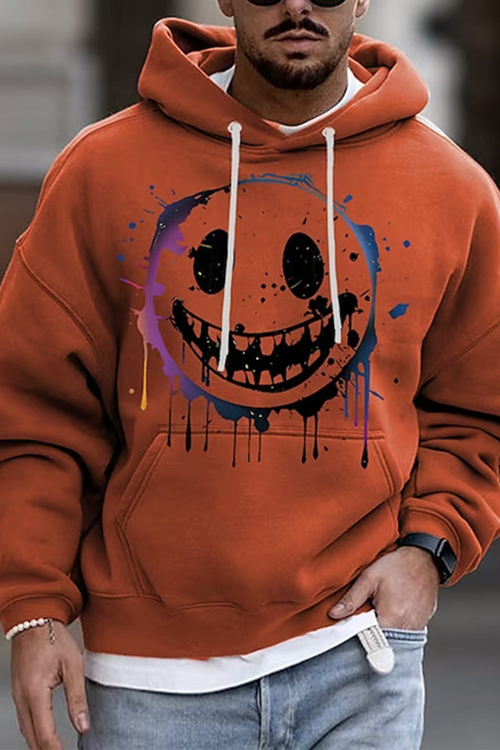Męski Casual Okrągły Dekolt Kuso Smiley Twarz Nadruk Moda Luźna Bluza Z Kapturem