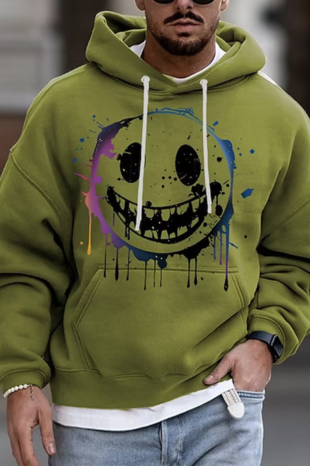 Męski Casual Okrągły Dekolt Kuso Smiley Twarz Nadruk Moda Luźna Bluza Z Kapturem