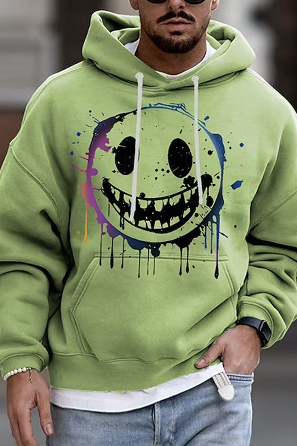 Męski Casual Okrągły Dekolt Kuso Smiley Twarz Nadruk Moda Luźna Bluza Z Kapturem