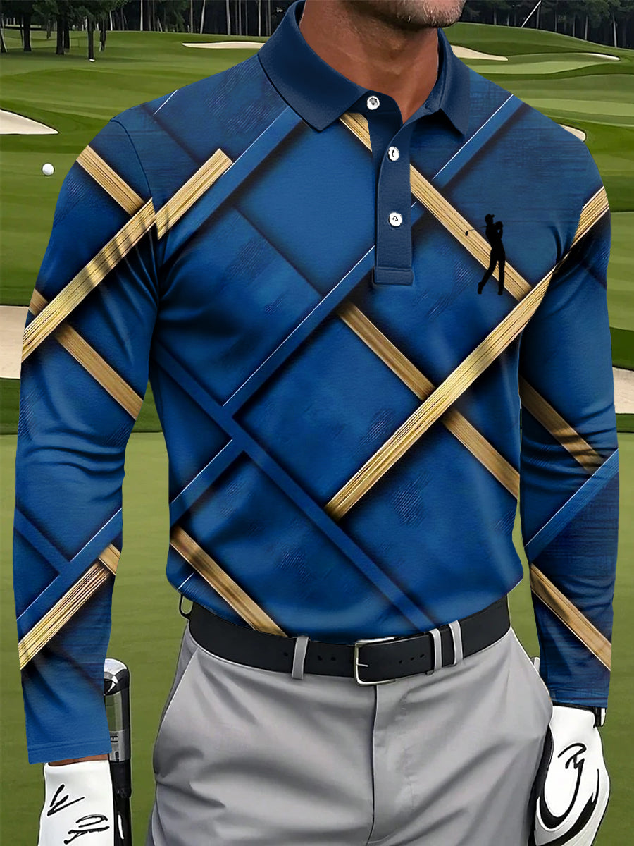 Męska abstrakcyjna geometryczna koszulka polo z długim rękawem w stylu retro