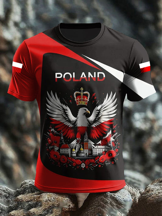 Retro Polski Orzeł Biały Flaga Abstrakcyjny Nadruk Artystyczny Casual T-Shirt