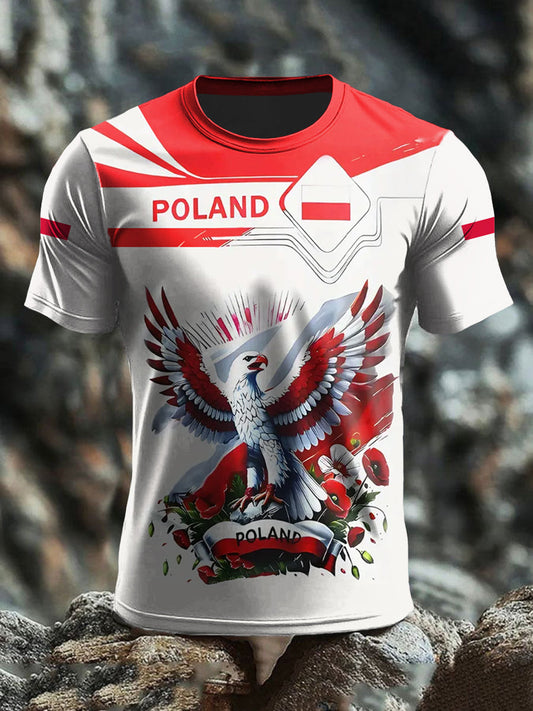 Retro Polski Orzeł Biały Flaga Art Print Casual T-Shirt