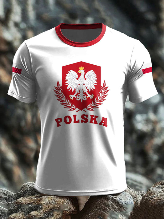 Retro Polska Flaga Odznaka Art Print Casual T-Shirt