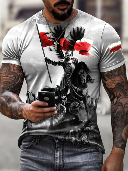 Męska koszulka w stylu vintage z polską flagą Hussar Art Print Casual