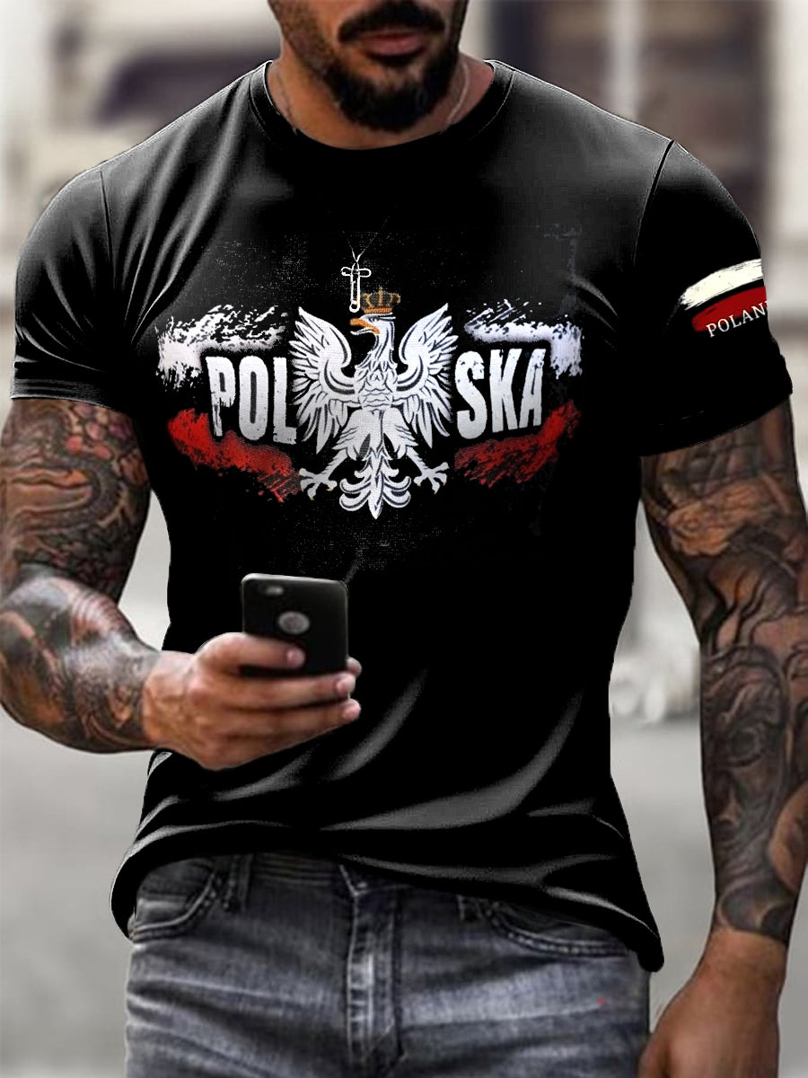 Męska koszulka w stylu vintage w stylu vintage Polska flaga Patriot Art Print Casual