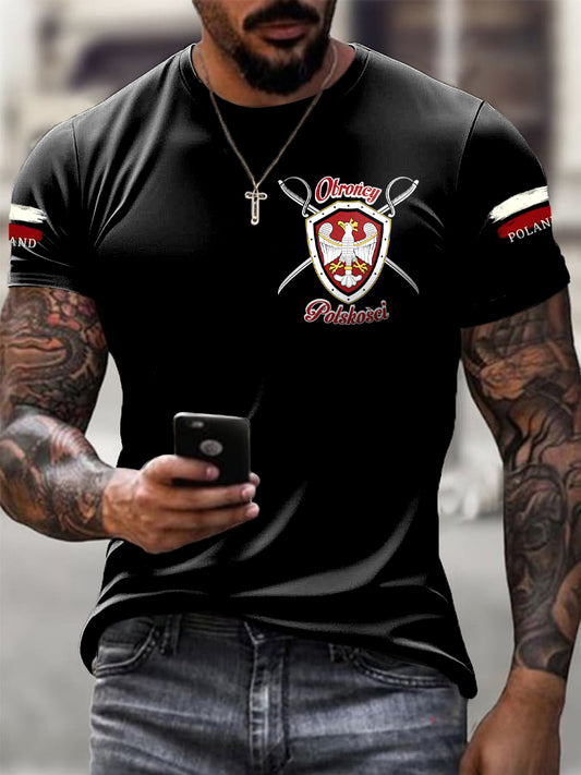 Męski Vintage Polski Godło Flaga Patriot Art Print Casual T-Shirt