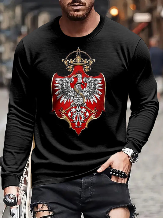 Męska Retro Polska Flaga Odznaka Art Print Casual Koszulka z długim rękawem