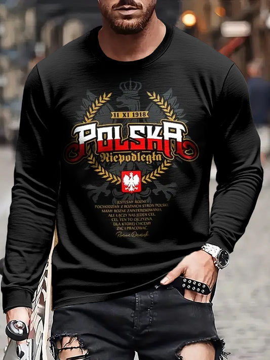 Męska Retro Polska Flaga Patriot Art Print Casual Koszulka z długim rękawem