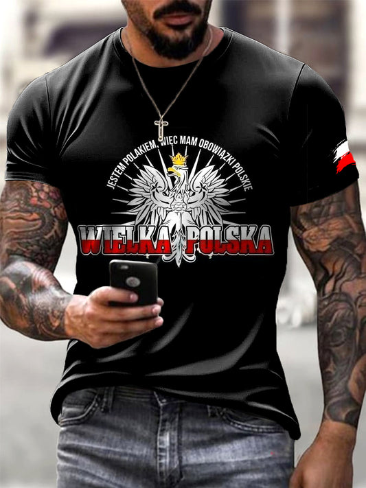 Męski Polski Orzeł Herb Retro Crest Print Street Style T-Shirt Art Print Casual T-Shirt