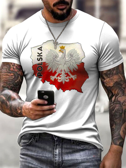 Męskie Retro Polski Orzeł Flaga Art Print Casual T-Shirt