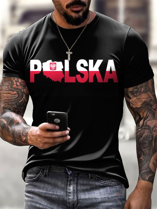 Męska koszulka z logo z nadrukiem artystycznym i flagą polskiego orła casual