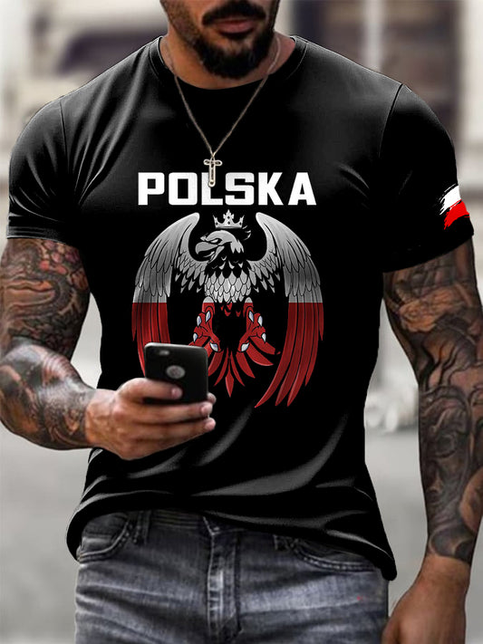 Męski Polski Orzeł Herb Modny Art Print Casual T-Shirt