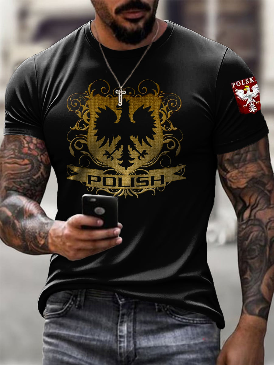 Męska koszulka z nadrukiem artystycznym w stylu vintage z polską flagą godłem