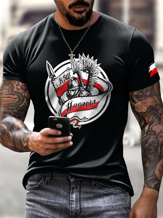 Męski wzór polskiej kawalerii Europejski styl uliczny z nadrukiem Casual T-Shirt