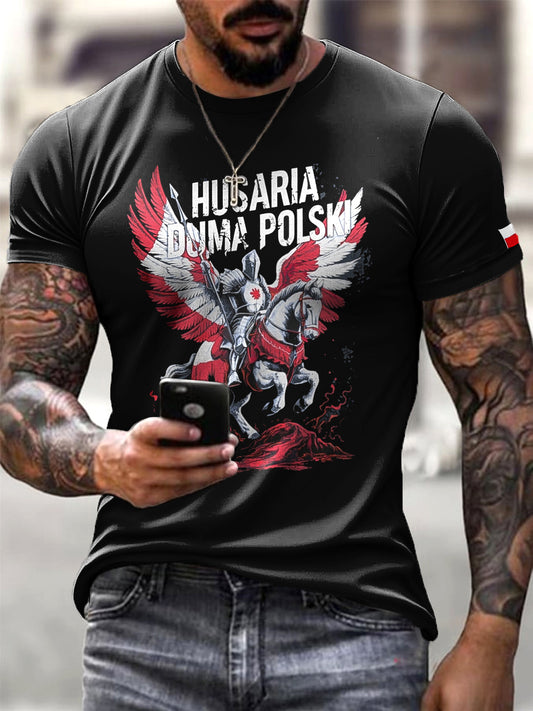 Męska polska skrzydlasta kawaleria kolorowa graffiti wzór artystyczny nadruk Casual T-Shirt