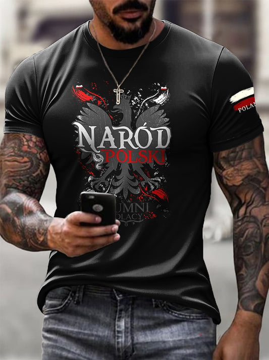 Męskie Retro Polska Flaga Orła Nadruk Casual T-Shirt