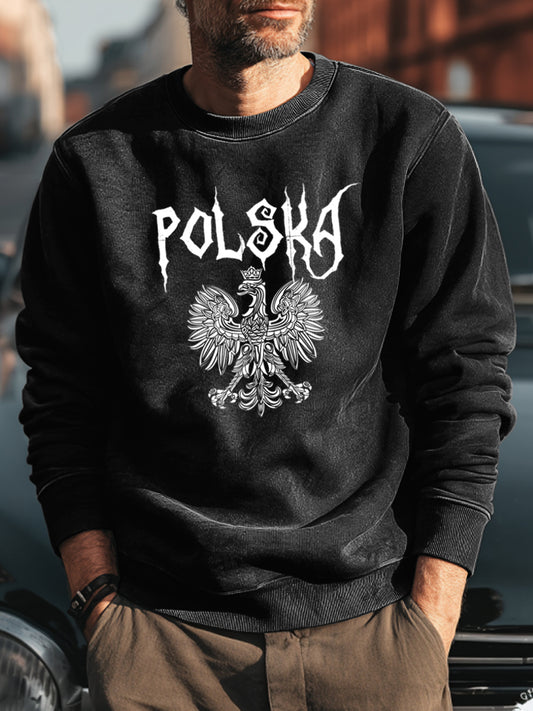 Męska Retro Polski Biały Orzeł Art Print Casual Bluza