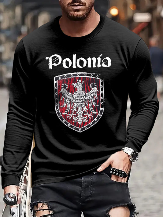 Męska Retro Polski Orzeł Biały Odznaka Nadruk Casual T-Shirt z długim rękawem