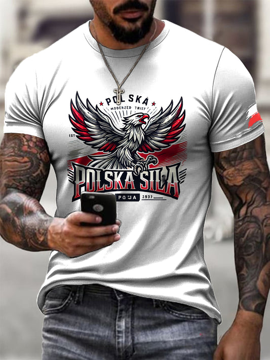 Męska modna polska koszulka z nadrukiem orła w stylu casual