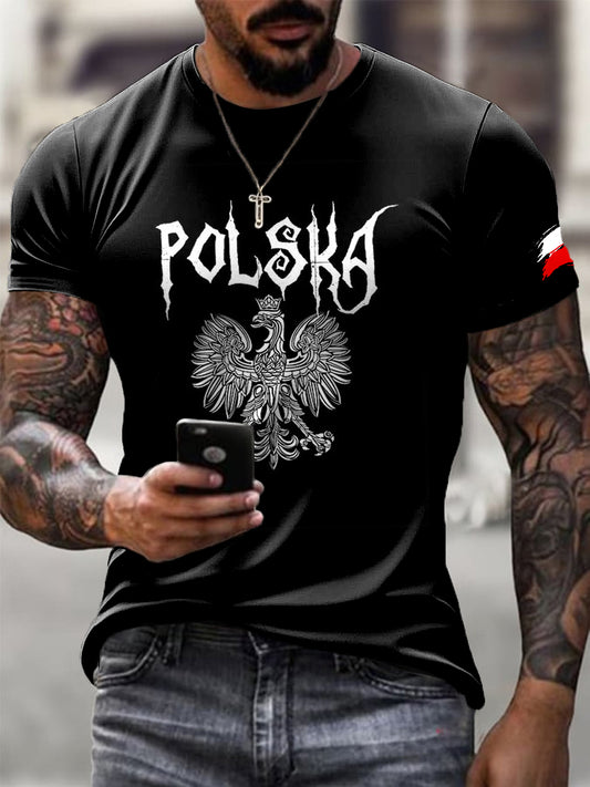 Męski Polski Orzeł Monochromatyczny List Art Print Casual T-Shirt