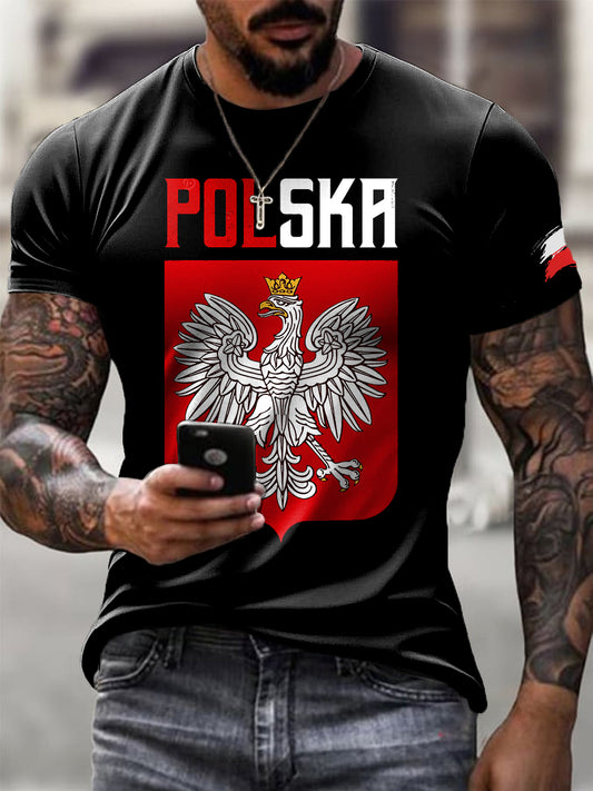 Męskie Retro Polski Orzeł Artystyczny List Print Casual T-Shirt