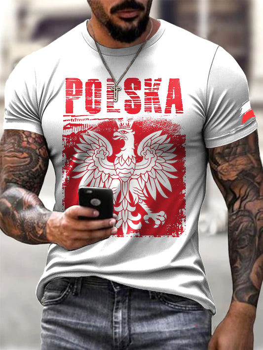 Męski Retro Polski Orzeł Herb Artystyczny List Nadruk Casual T-Shirt