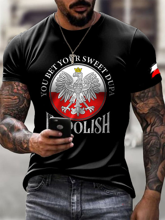 Modna męska koszulka z nadrukiem artystycznym z polską flagą