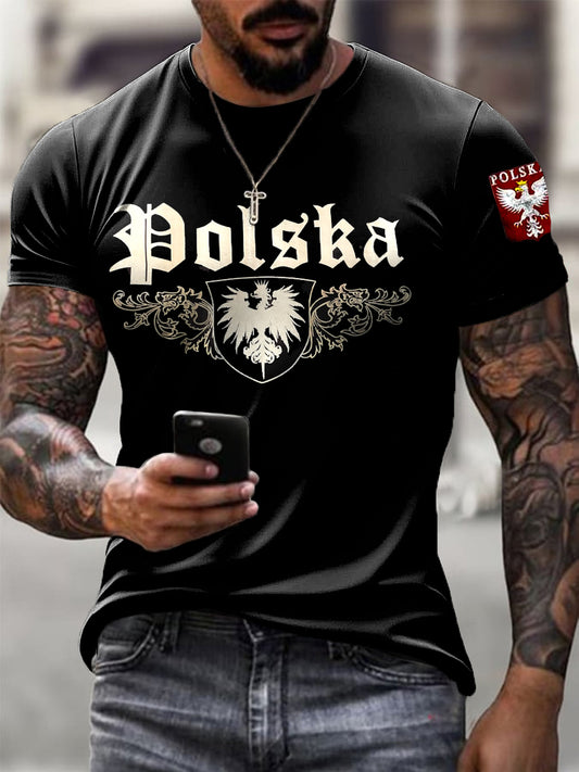 Męski Retro Polski Biały Orzeł Totem Art Print Casual T-Shirt