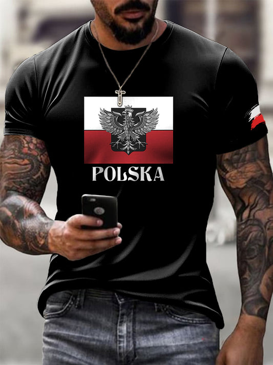 Męska koszulka z nadrukiem artystycznym w stylu retro z polską flagą