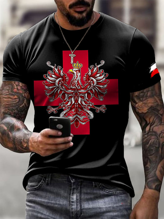 Męski Czerwony Krzyż Polski Orzeł Art Print Casual T-Shirt