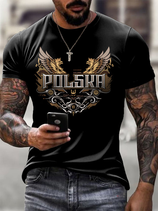 Męska moda retro Polski orzeł symetryczny artystyczny nadruk Casual T-Shirt