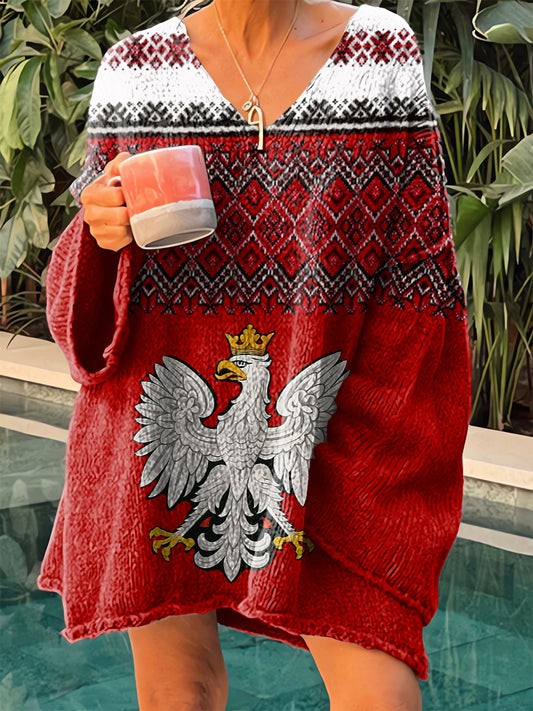 Damski Vintage Polski Etniczny Geometryczny Biały Orzeł Nadruk Sweter z dekoltem V